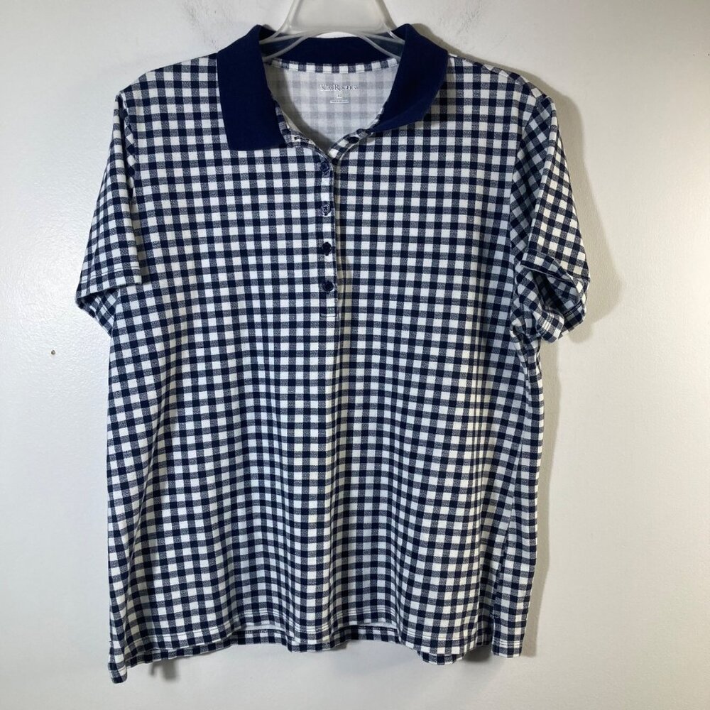 Womens Kim Rogers Gingham Knit Polo Shirt Blue White XL Cotton‎